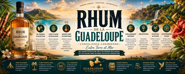 Infographie sur le rhum de la Guadeloupe présentant les terroirs, distilleries et traditions du rhum agricole guadeloupéen.